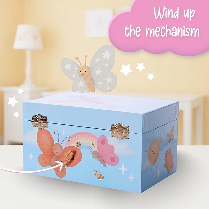 The Memory Building Co Butterfly Musical Jewelry Box Plays Classic Melody, Storage Organizer Music Box for Kids Ages 6-12, MDF Wood w/ 2 Fabric Lined Ring Bracelet Necklace Treasure Compartments
