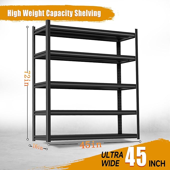 72''H × 45''W Garage Shelving, 5 Tier Heavy Duty Metal Garage Storage Shelves, Metal Shelving,3000 lbs Adjustable Standing Shelf and Thickened Double-Layer Posts for Garage,Warehouse,Basement, Black