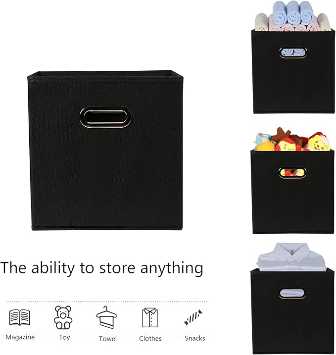 Yunkeeeper storage bins Cubes, Fabric Cube Organizer with Handle, Foldable Cube Bins for Cloth or Accessary Storage, 11x11x11, Set of 3, (Black)
