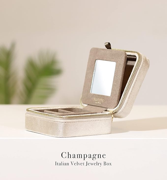 BLUTETE Travel Jewelry Box Organizer Velvet Travel Case With Mirror Ring Earrings Necklaces Storage Organizer Box (Champagne)