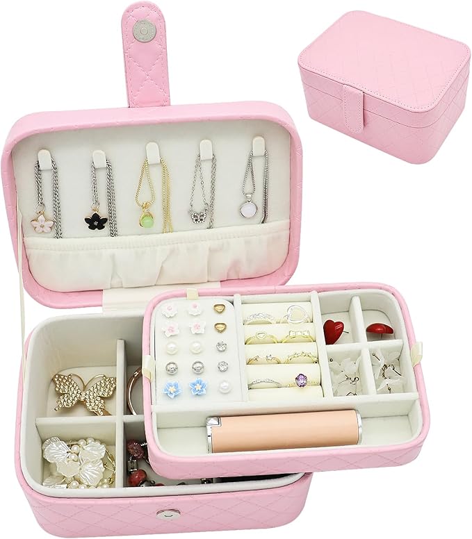 Jewelry Travel Case, 2-Layer Jewelry Box Organizer Medium Jewelry Travel Box, Portable Faux Leather Jewellery Storage Boxes with Argyle for Women, Daily Jewellery Case Home Use (Peach pink)