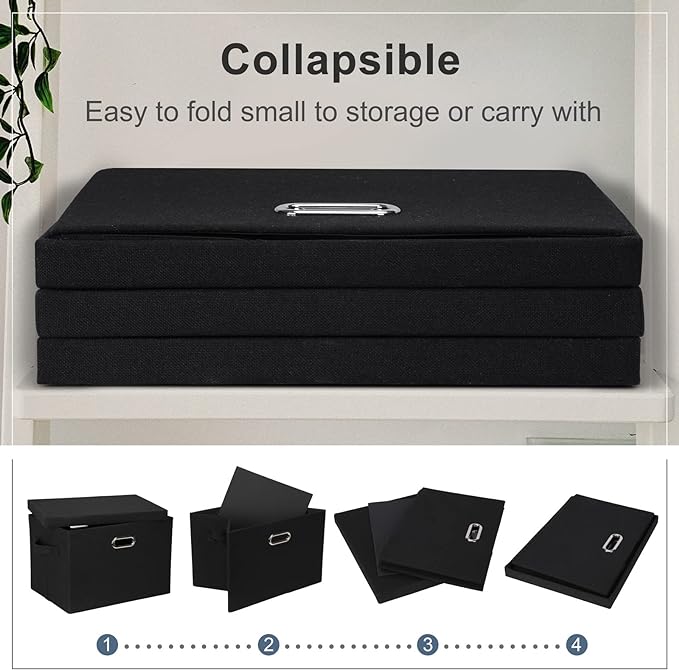 Graciadeco Large 17" 36 Quart Collapsible Stackable Storage Bins with Lids, 1 Pack Black Foldable Fabric Closet Storage Boxes with Lids, 4 Handles Heavy-duty Linen Cube Baskets for Bedroom