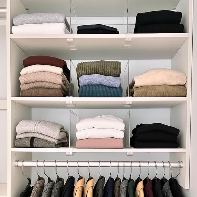 SortNStore Shelf Dividers Purse Organizer for Closet: 8-Pack Acrylic Bag Storage Organizer for Handbags, Clutches, Clothes, Sweater, Towel on Wood Shelves