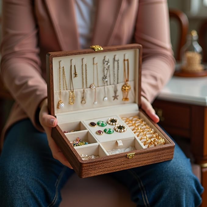 Travel Jewelry Case Small Wood Jewelry Organizer Jewelry Box for Women (Single Nut-Brown A)