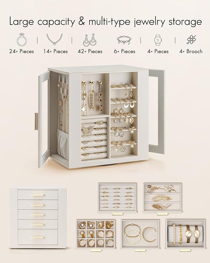 VLANDO 360ｰ Rotating Jewelry Box with 5 Drawers, Mothers Day Mom Gifts, Large Jewelry Storage with 2 Glass Window, PU Leather Jewelry Organizer for Bracelets, Necklaces, Earrings, Rings - Cloud White