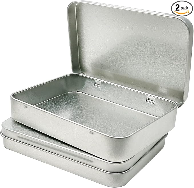 Hulless 2 Pcs Metal Hinged Tin Box Container Mini Portable Small Storage Container Kit Tin Box Container, Home Storage 4.5x3.3x0.9 inch, Silver