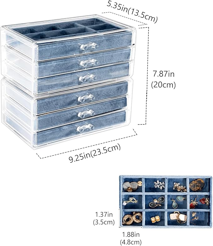 Lolalet Earring Holder Organizer Box Jewelry Storage with 6 Drawers, Clear Acrylic Stackable Earring Case with Adjustable Velvet Trays for Women on Dresser Vanity -Blue, 6 Layers