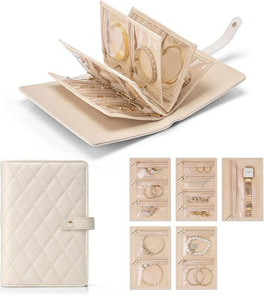 VLANDO Travel Jewelry Organizer Case,Large Jewelry Storage Book Ring Binder with Clear Zipper Velvet Jewelry Pouches Bags for Rings,Bracelet,Earrings-Cream White