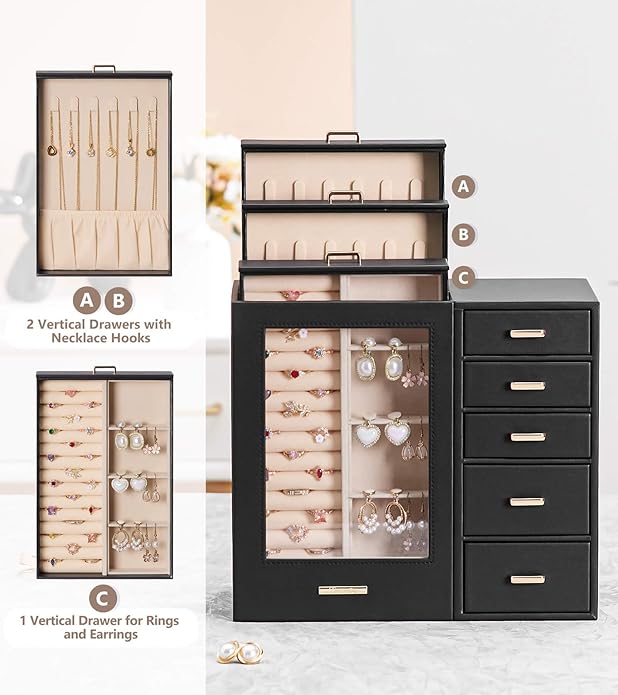 Homde Large Jewelry Box/Organizer/Case with Glass Window, Drawers for Necklaces Earrings Rings Bracelets Watches Gift for Women Girls
