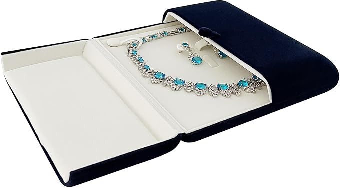 Navy Blue Velvet Jewelry Box for Large Necklace and Earrings Set Luxury Presentation Case for Pearl Strand Necklaces, Statement Jewelry, Button Clip Closure, Arc, Cream Velvet Interior, Gift Box