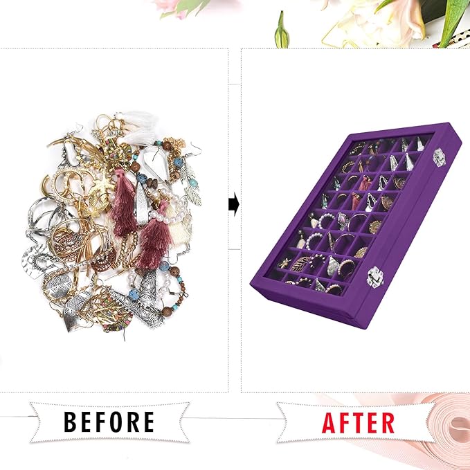 Siveit Velvet Jewelry Tray 48 Grid Jewelry Display Tray Organizer Box with Transparent Lid Rings Earrings Necklaces Pendants Display Box Suitable for Women and Girls (Purple)