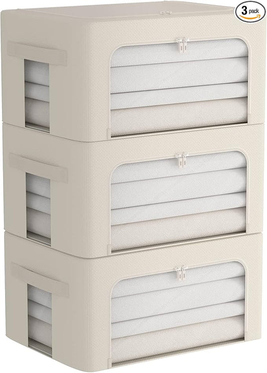 CYhom 3Pack Frame Storage Box - Clothes Storage Bin Bags Oxford Fabric Foldable Stackable Container Organizer Set with Clear Window & Carry Handles (Beige, Medium-44L)