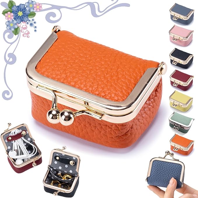 Genuine Leather Mini Jewelry Box, Portable Vintage-Inspired Genuine Leather Coin Purse Jewelry Case with Kiss Lock, Mini Travel Ring Box for Women for Earring/Ring/Necklace/Bracelet(Orange)
