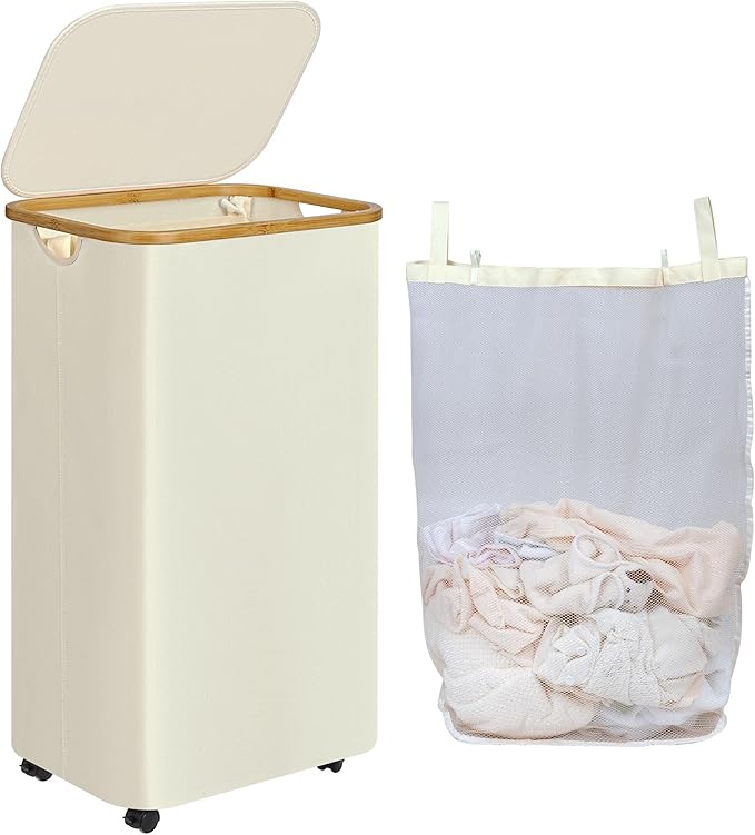 Laundry Basket with Wheels, 110L Beige Clothes Hamper for Laundry, Laundry Hamper with Lid and Inner Bag, Beige