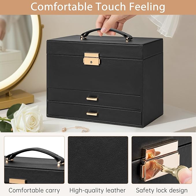 AKOZLIN Travel Jewelry Box Organizer Functional 2-trays Leather Jewelry Storage Case with Lockable Portable 2 Drawers for Women Girls Ring Necklace Earring Bracelet