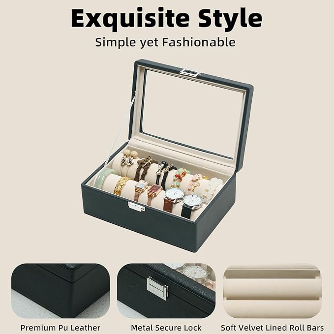 Bracelets Organizer Rods Bangles Display Holder, Clear See through Lid Leather Velvet Jewelry Storage Box Case for Women, 2 Rods Black Leather