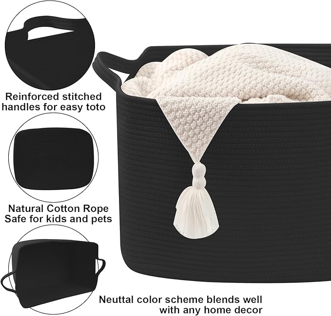 Large Blanket Basket,Woven Rope Basket Storage Bin with Handles,65L Rectangle Laundry Basket for Magazines,Toys,Clothes,Newspaper Shelf Organization,Nursery and Living Room,Black