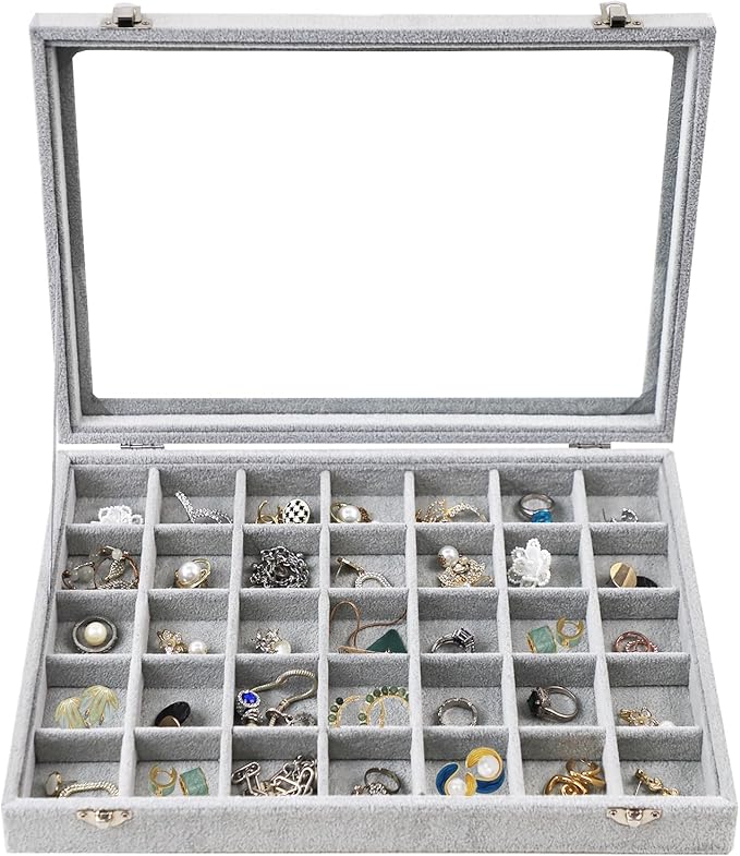 Jewelry Tray 35 Grid Velvet Jewelry Organizer with Clear Lid Transparent Earring Bracelet Organizer Holder Case with Clasp Drawer Insert for Rings Studs Gift for Women Girls