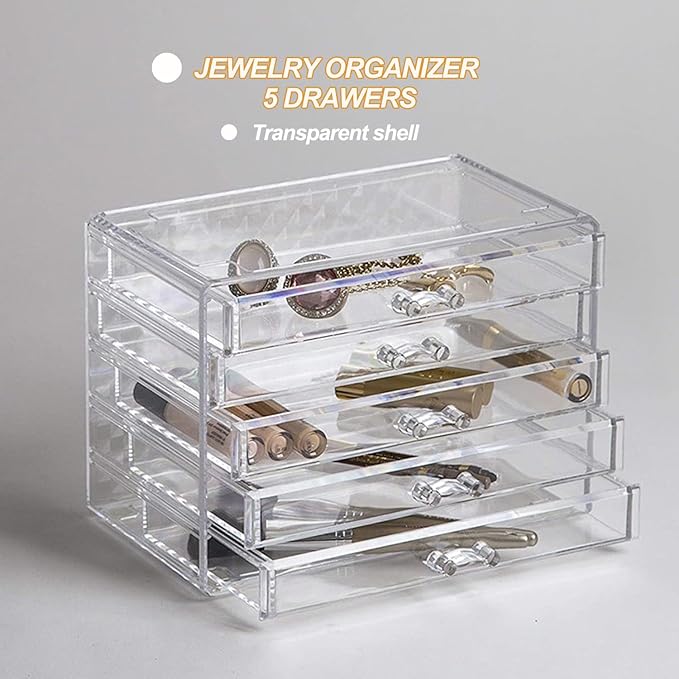 YUFONG Earring Storage Box Organizer 5 Drawers Jewelry Organizer Acrylic Jewelry Storage Box Holder Compartment Transparent Display Storage Case Gift for Women Girls (5 Grids)