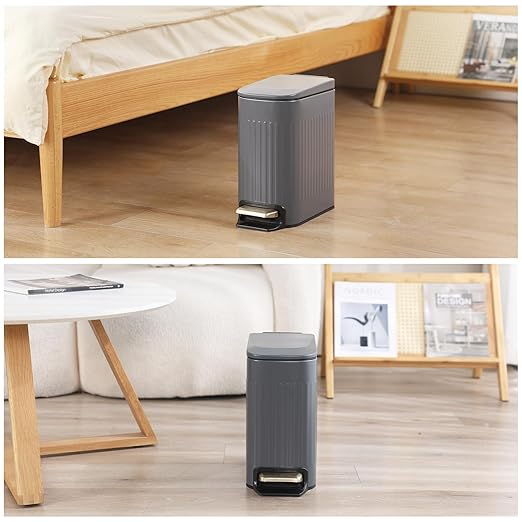 SYNCVIBE Slim Bathroom Trash Can with Lid Soft Close, Stainless Steel Garbage Can Step Trash Bin with Removable Inner Bucket for Bedroom, Office, Kitchen (Matt Grey, 1.8 Gallons)