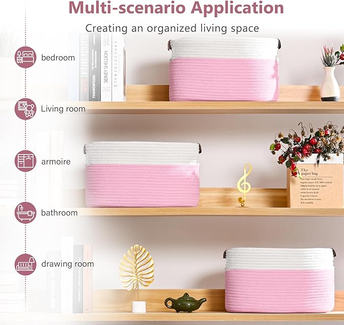 ECDYQXVU Cotton Rope Basket, Storage Baskets with Handle, 15x10x9 Inch Woven Basket for Shelves, Laundry, Towels, Clothes, Books (White/Pink 2Pack)