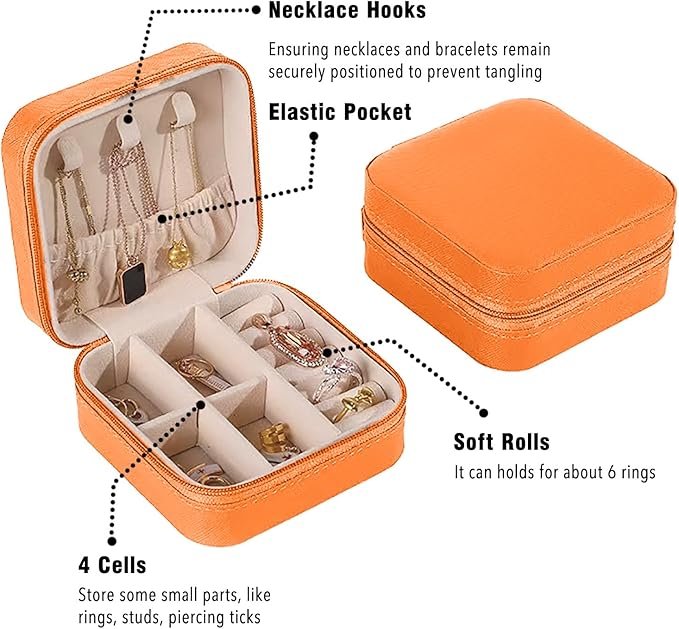 Small Travel Jewelry Box, Portable Mini Jewelry Leather Box Jewelry Ring Organizer Case Storage Holder Gift Boxes for Girls Women, Orange