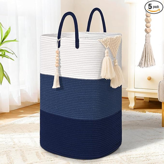 Woven Laundry Basket for Clothes,65 L Large Rectangle Laundry Hampers with Beads Tassel, Nursery Storage Basket for Toys, Tall Dirty Clothes Hamper for Bedroom Aesthetic, Laundry Room Organization
