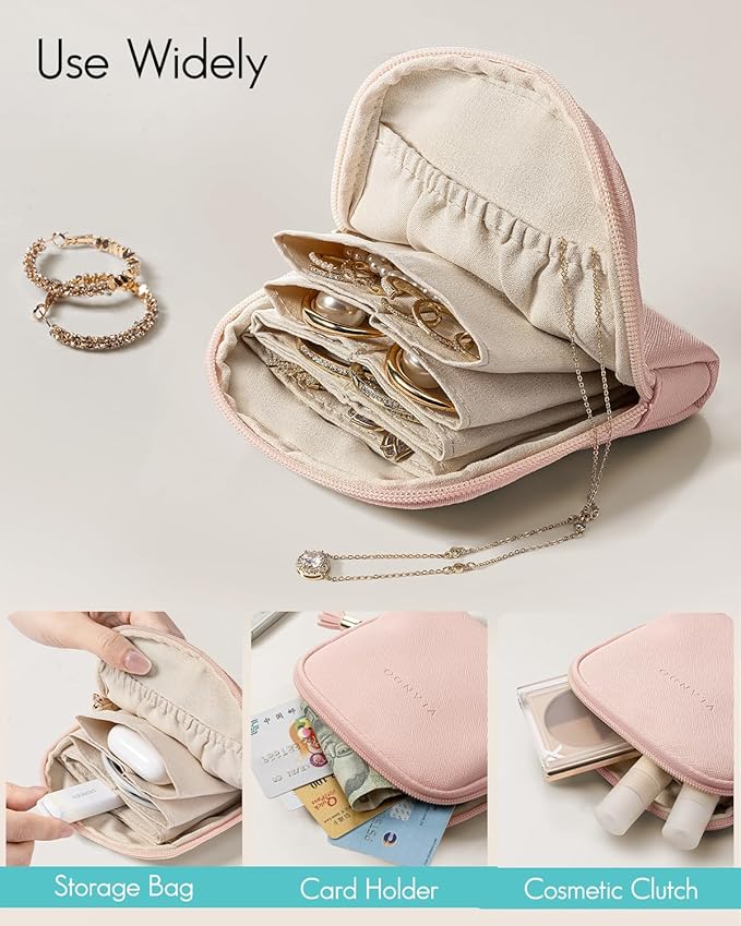 VLANDO Small Travel Jewelry Organizer,Jewelry Pouch Bags,Velvet Jewelry Storage Bag for Bracelet Rings Earring,Portable Jewelry Travel Case for Traveler-Pink