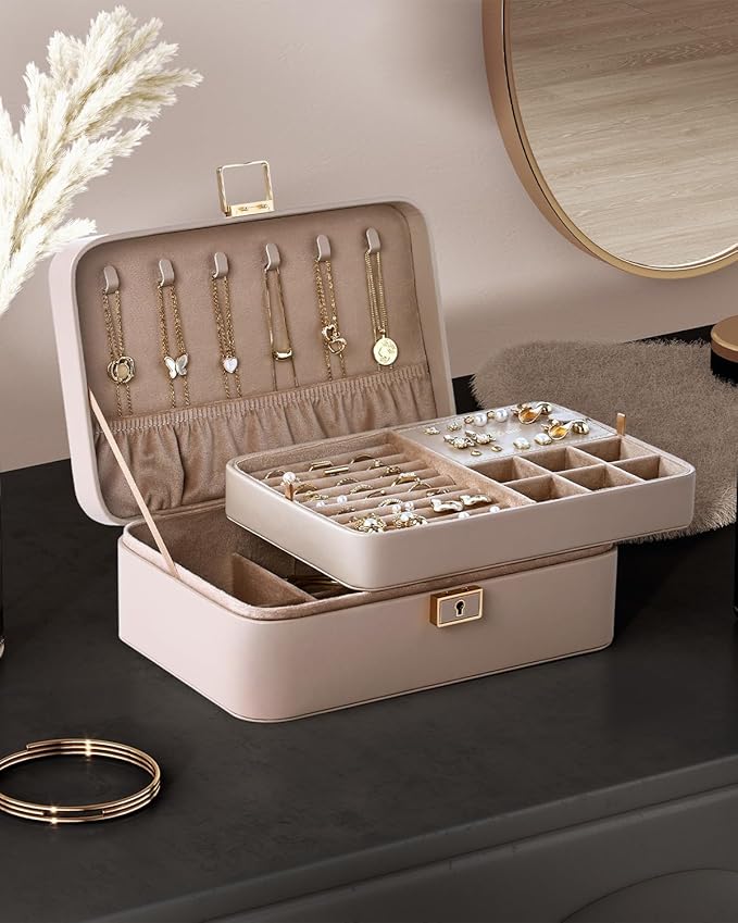 Jewelry Box, 2-Layer Jewelry Holder Organizer with Lock, Removable Jewelry Tray for Earrings Necklaces Bracelets, Light Taupe