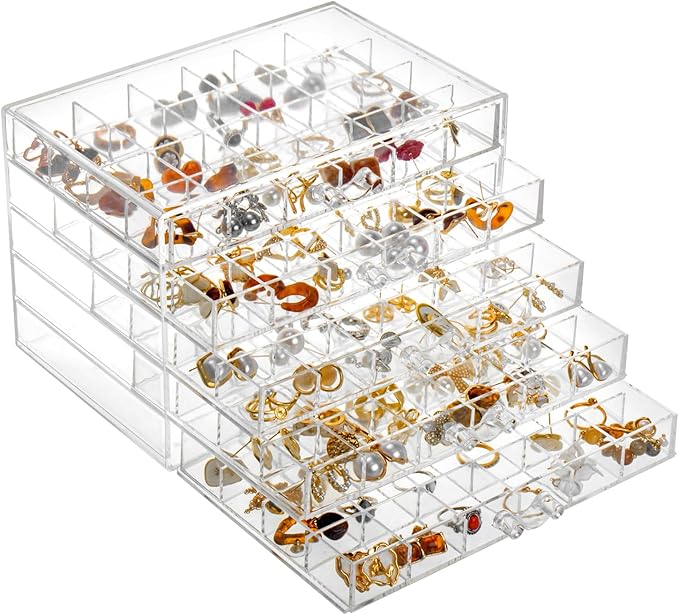YUFONG Earring Storage Box Organizer, Acrylic Jewelry Storage Box Holder 5 Drawers Transparent Jewelry Display Stand with 120 Small Compartments Gift Boxes for Women Girls (Clear)