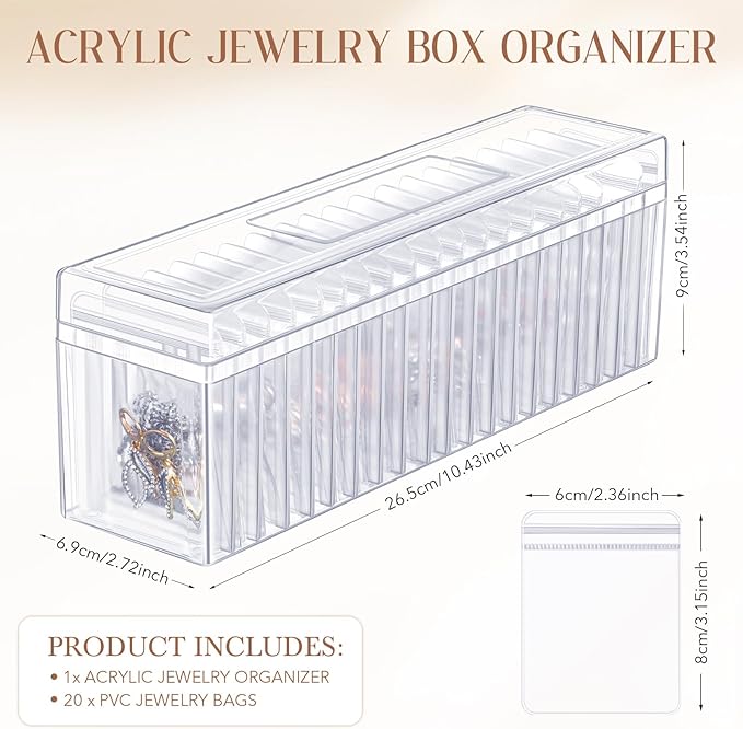 Kenning 21 Pcs Acrylic Jewelry Case Organizer, Clear Jewelry Organizers Holder with Portable Anti Tarnish Storage Bags for Rings, Earrings, Necklaces, Ideal Gifts for Women (Clear)