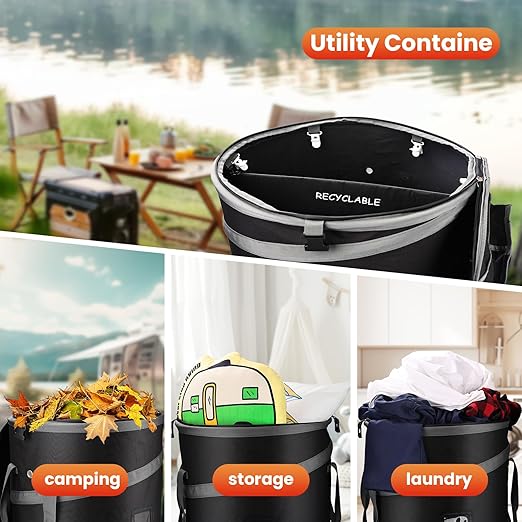Pop-Up Trash Bin with Removable Divider, Heavy Duty Bottom, Collapsible Storage for Camping, Laundry, Storage and Garden, Waterproof and Tear Resistance Material with Air Vent