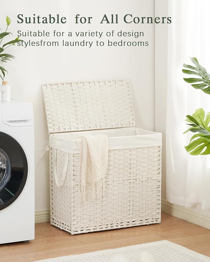 SETVSON Laundry Hamper with Lid Laundry Basket 132 L (35 Gal) Wicker Clothes Hamper, Handwoven Rattan Hamper with Handles and 4 Removable Liner Bags, 6 Mesh Bags for Laundry Bedroom White