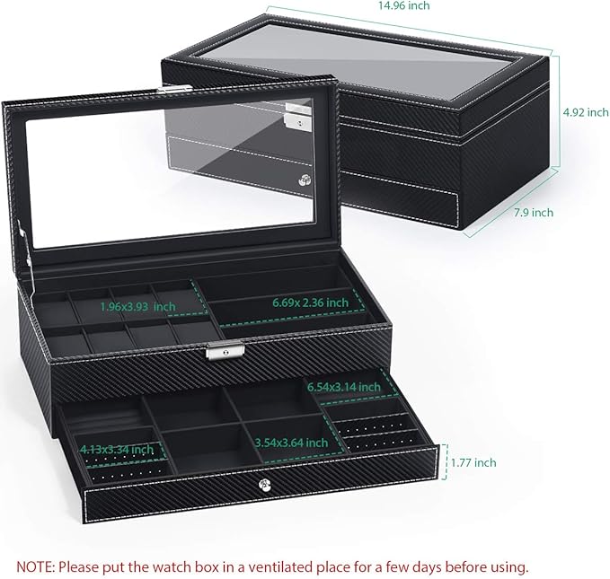 TomCare Watch Box Watch Case Watch Holder Organizer Jewelry Case Drawer Sunglasses Display Box Storage Earrings Storage Organizer Lockable with Glass Top and PU Leather for Men Women (All Black)