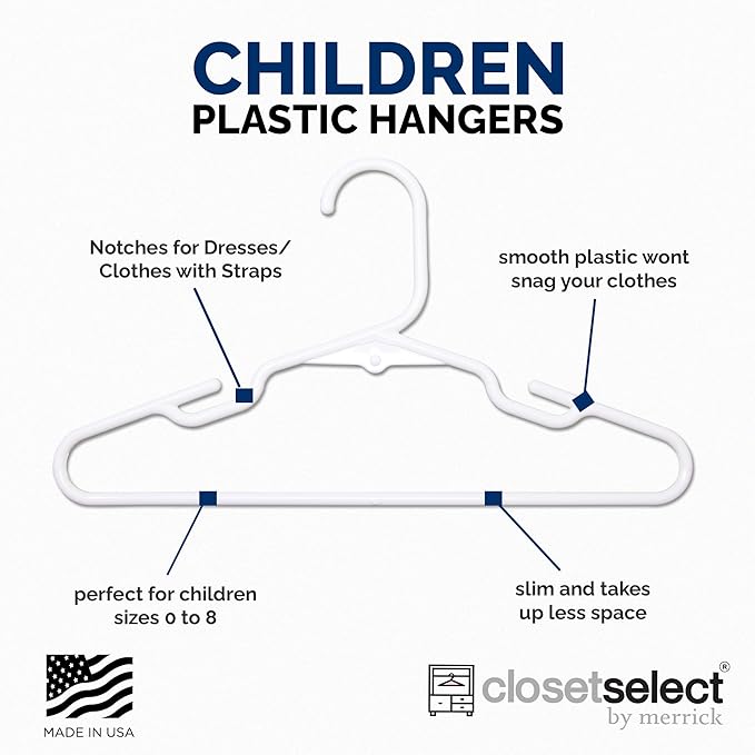 Closetselect Childrens Hangers 30 Pack - 11.75 Inch Plastic Kids Hangers for Closet, Baby Hangers for Children Clothes Sizes 0 to 8, Non-Slip Infant Hangers with Shoulder Grooves, Made in USA | White