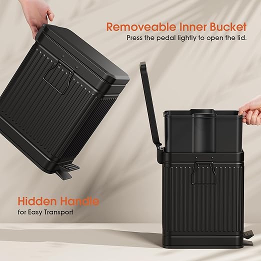 Small Bathroom Trash Can with Lid Soft Close, 6L / 1.6 Gallon Stainless Steel Small Garbage Can with Step Pedal, Slim Waste Basket for Bedroom, Toilet, Office - Black