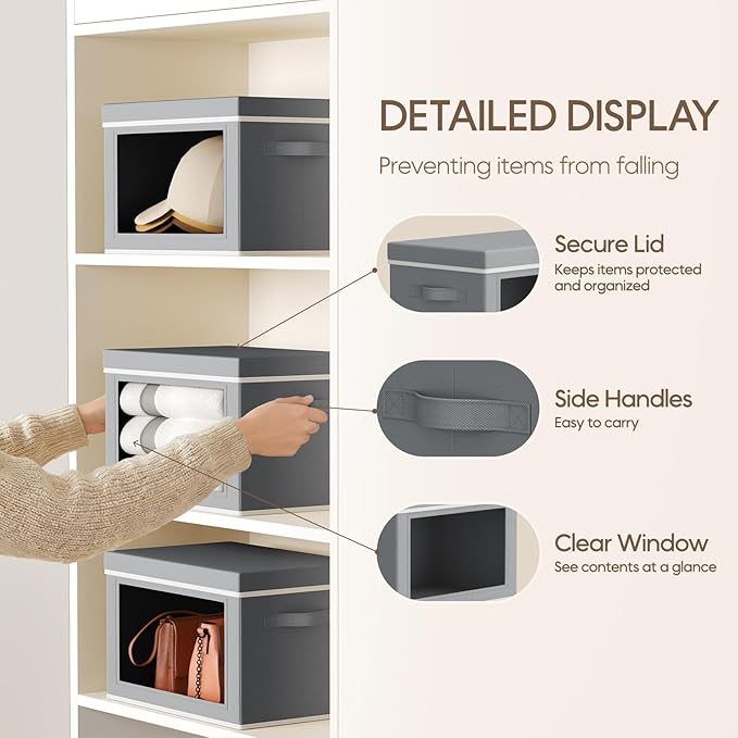 Homsorout Storage Bins with Lids - Small Fabric Organizers with Window, Collapsible Storage Bins for Clothes, Decorative Closet Organizers for Towels, Tshirt, 4 Pack, Grey