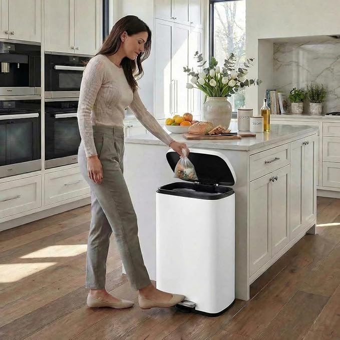 13.2 Gal Kitchen Trash Can, 50L Recycling or Garbage Bin, Brushed Stainless Steel Waste Basket, Soft&Quiet Close Dustbin, with Step-On Pedal, Removable Inner Bucket, for Home, Office, Living Room