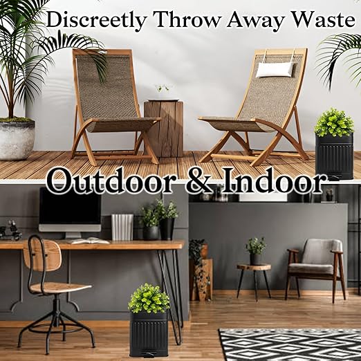 Tegneo Small Trash Can with Lid, Plant-Styled Outdoor Dog Poop Trash Can Outside, Farmhouse Retro Metal Garbage Can for Bathroom Office, Dog Waste Container with Pedal, Soft Close, 5L/1.3 Gal, Black