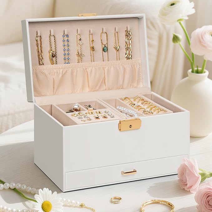 AKOZLIN Travel Jewelry Box Organizer Functional 2-trays Leather Jewelry Storage Case with Lockable Portable Drawer for Women Girls Ring Necklace Earring Bracelet