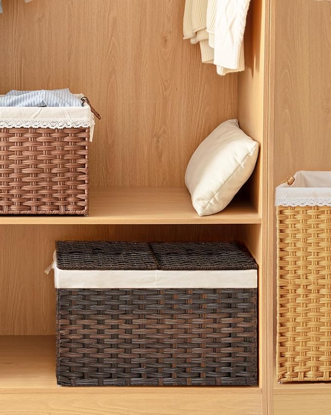 SETVSON Storage Basket with Lid Rattan Storage Basket with 2 Separate Lid, 27.8 Gallon (105 L) 25.2 * 15.4 * 16.1 Inches Woven Wicker Baskets with 2 Liners and Handles for Bedroom Laundry-Brown