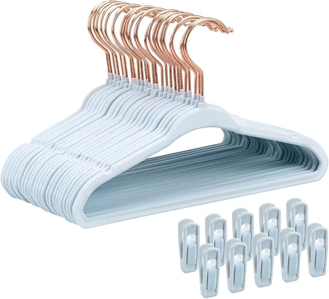 Tonswachic 30-Pack 11 Inch Baby Closet Hangers with 10 Clips - Soft Velvet Non-Slip Hangers for Infant & Toddler Clothes - Blue