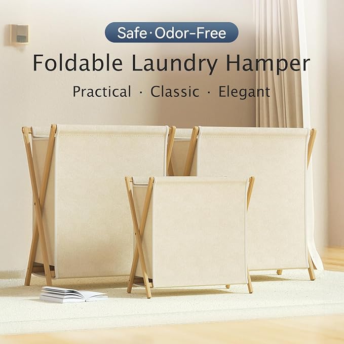 DUMDUM Simple, Eco-Friendly Foldable Laundry Hamper with X-Frame, Multi-Size for Dorm, Bedroom, RV (Beige, Large)