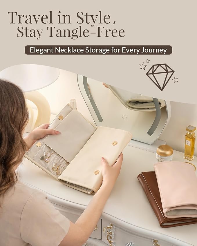 Lolalet Travel Necklace Organizer, Tangle-Free Necklace Case for Travel, Leather Foldable Roll Up Jewelry Storage Bag for Necklaces Chains Bracelets, Mothers Day Gift