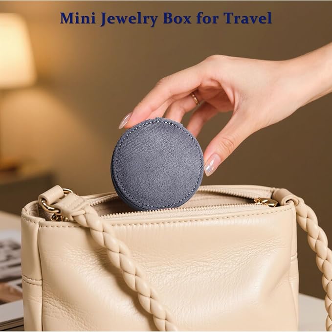 CONBOLA Travel Jewelry Case Small Jewelry Box for Women Girls,Round Velvet Mini Jewelry Travel Organizer,Portable Jewelry Box for Rings Earrings Necklaces Bracelets.(Grey,Small)