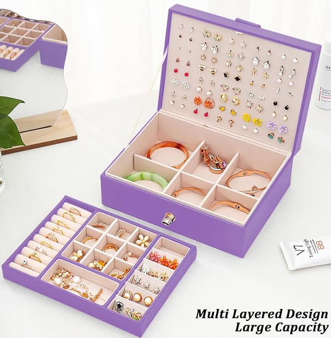 Earrings Jewelry Box for Girls, Large Capacity Jewelry Organizer with 40-Pair Earring Board, 2-Layer Leather Jewelry Storage Box for Necklaces Rings Bracelets with Removable Tray(Gift Idea),Purple