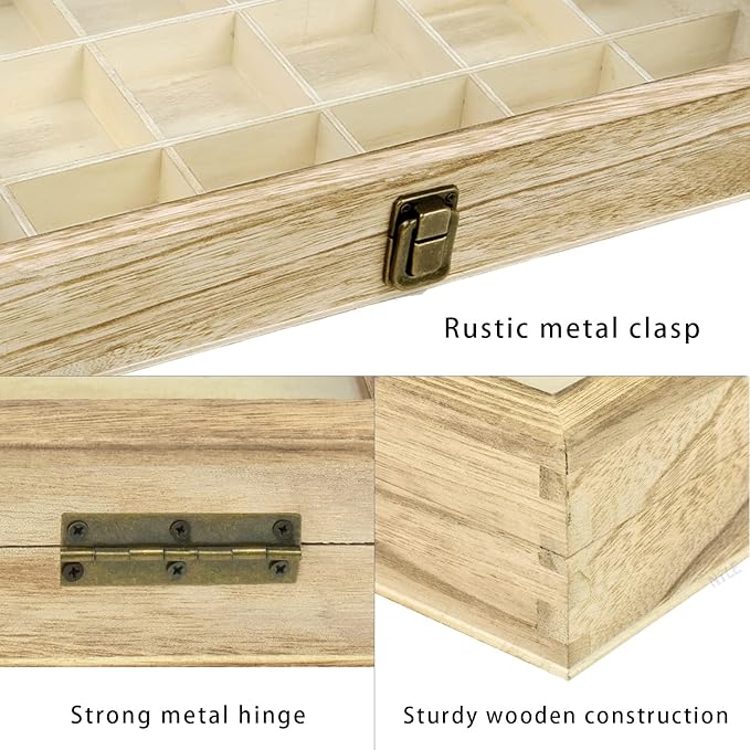 Mooca Wooden Display Storage Case with Tempered Glass Lid for Jewelry and Beads with 18 Compartments Tray, Oak Color, 15" W x 8 3/4" D x 2" H