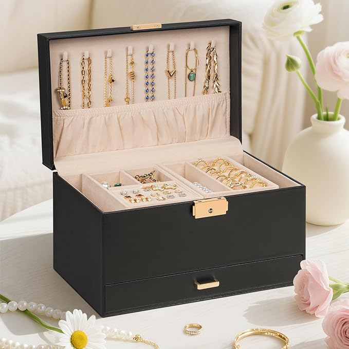 AKOZLIN Travel Jewelry Box Organizer Functional 2-trays Leather Jewelry Storage Case with Lockable Portable Drawer for Women Girls Ring Necklace Earring Bracelet