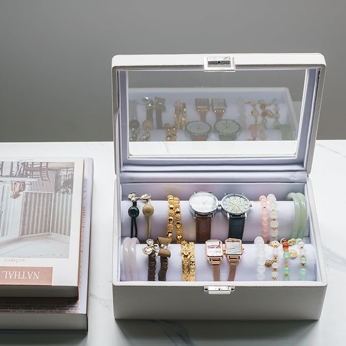 Bracelets Organizer Rods Bangles Display Holder, Clear See through Lid Leather Velvet Jewelry Storage Box Case for Women, 2 Rods White Leather