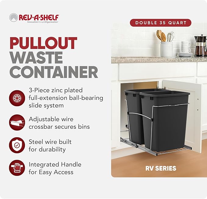 Rev-A-Shelf RV-18KD-18C S Double Pullout Trash Can for Kitchen Cabinets 35 Qt Garbage Recycling Bin on Full Extension Slides, Black